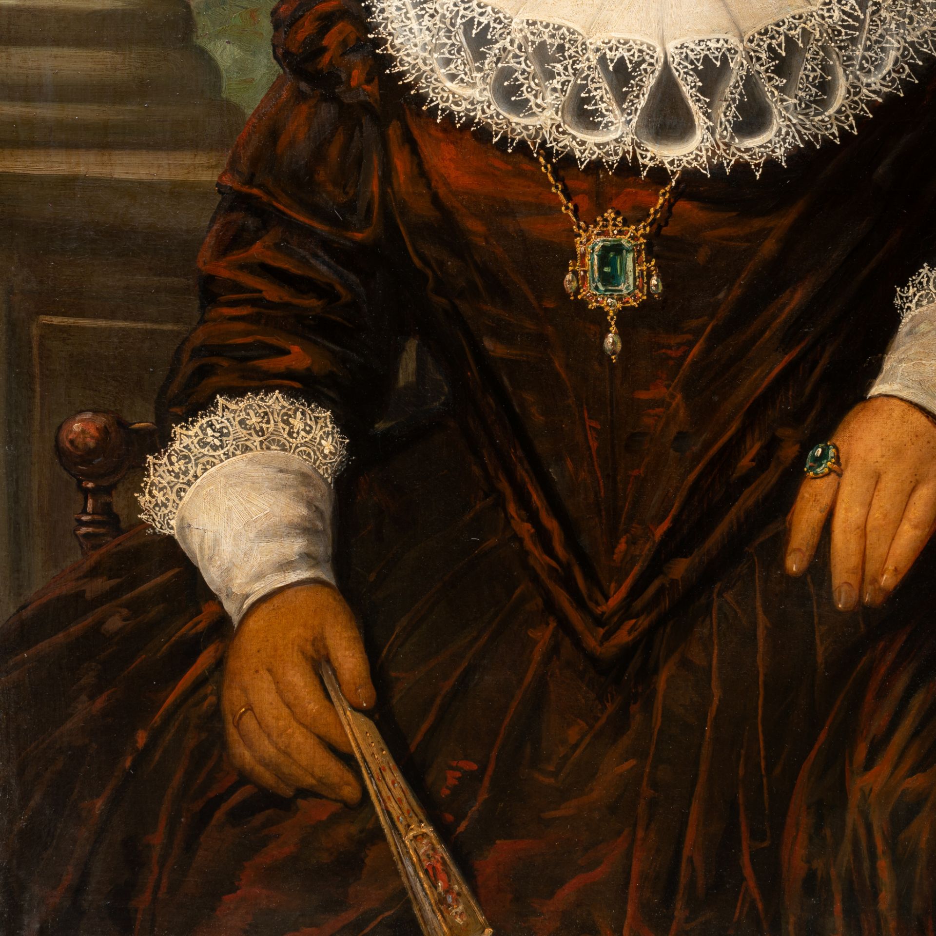 The portrait of a lavishly dressed noble lady holding a fan, 19thC, oil on canvas 104 x 88 cm. (40.9 - Bild 7 aus 7