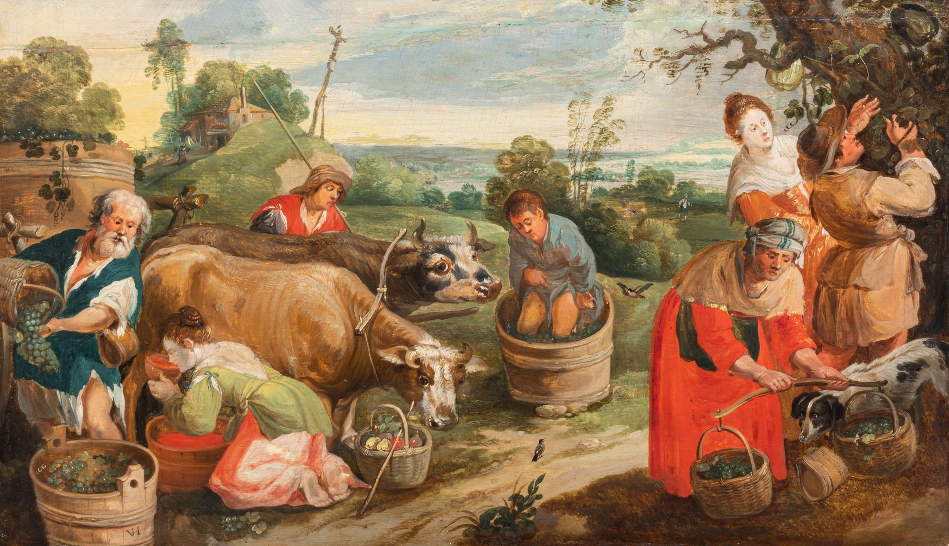 Monogrammed 'V.H.' (follower of Peter Paul Rubens), the grape harvest, oil on panel, 38 x 64 cm