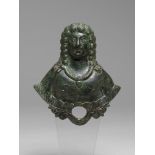 A green patinated bronze applique bust, Roman Empire, 3rd/4thC A.D., H 14,5 cm