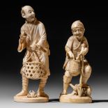 Two Japanese ivory okimono, signed, Meiji period, H 14,5 - 12,2 cm / 158 g - 125 g (+)