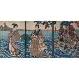 Toyokuni III, triptych depicting a mythological scene, triple oban tate-e, 60,5 x 99 cm
