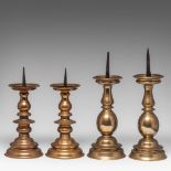 Two pair of Baroque brass pricket candlesticks, 17thC, H 35 - 43,5 cm