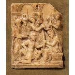 A Malines Renaissance alabaster plaque of the flagellation of Christ, signed 'ML', 16th/17thC, 10 x