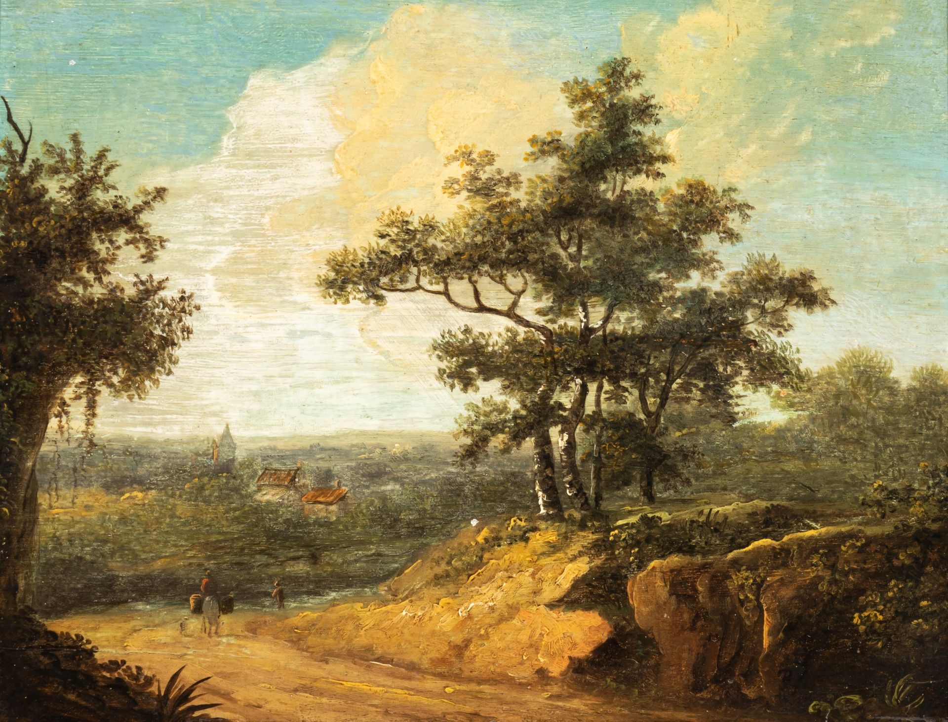 Figures in a wooded landscape, oil on a cradled panel 16 x 20 cm. (6.3 x 7.8 in.), Frame: 24 x 29 cm