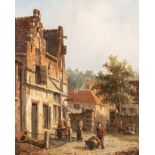 Adrianus Eversen (1818-1897), figures in a village street, oil on panel 19 x 15 cm. (7.4 x 5.9 in.),