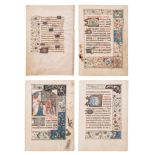 An interesting collection of 4 framed parchments illuminated manuscript folios, 15thC 18 x 12.5 cm.