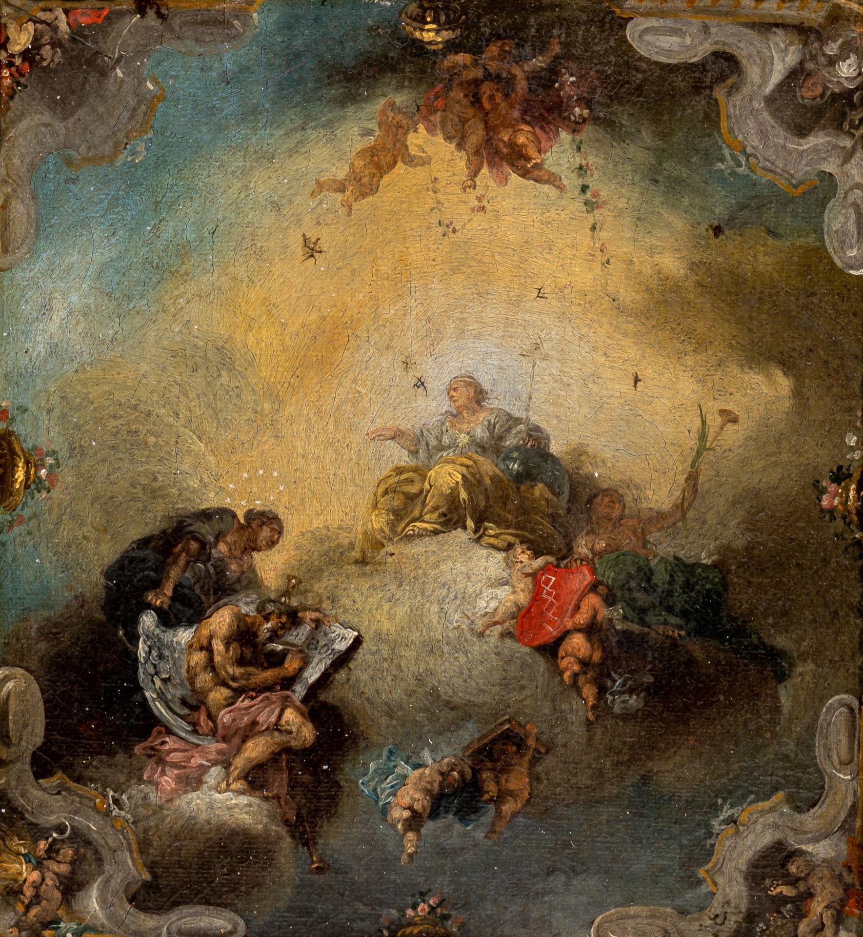 A (preparatory) oil sketch of a ceiling decoration depicting time unveiling truth, late 17thC, 26 x