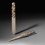 Ivory glove stretchers and a ditto paper knife, 19thC, H 29,8 - 22 cm - 144 g - 95 g (+)