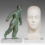 Pieter Franz Tinel (1895-1964), a patinated bronze skater and a marble head of a lady, H 35 - 36 cm
