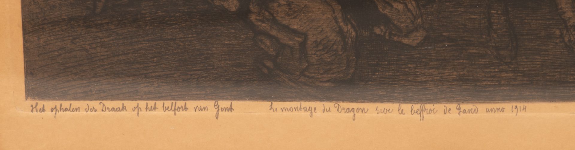 Jules De Bruycker (1870-1945), 'Het ophalen des draak op het belfort van Gent anno 1914', 1927, etch - Image 5 of 8