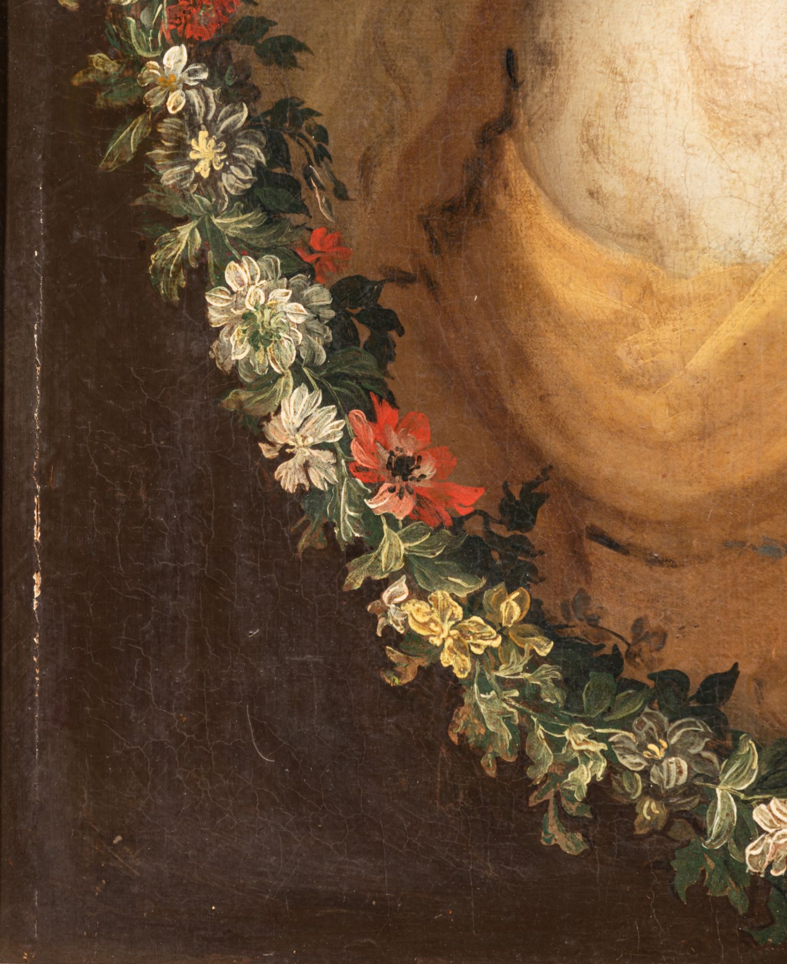 A pair of pendant portraits of elegant sisters encircled by wreaths of flowers, 17thC, oil on canvas - Bild 6 aus 13