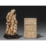 A Chinese ivory fisherman and sons, Republic period, H 14 cm - 209 g, and a ditto Chinese calling ca