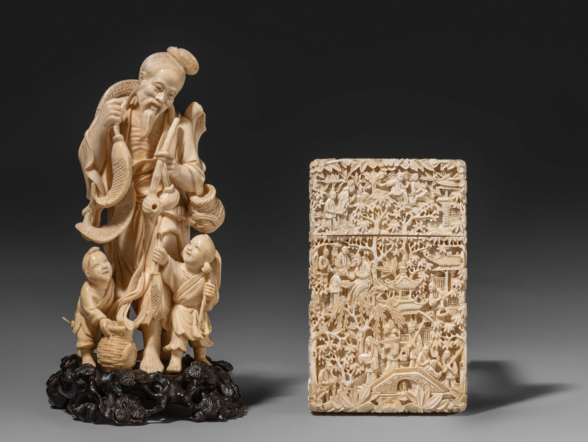 A Chinese ivory fisherman and sons, Republic period, H 14 cm - 209 g, and a ditto Chinese calling ca