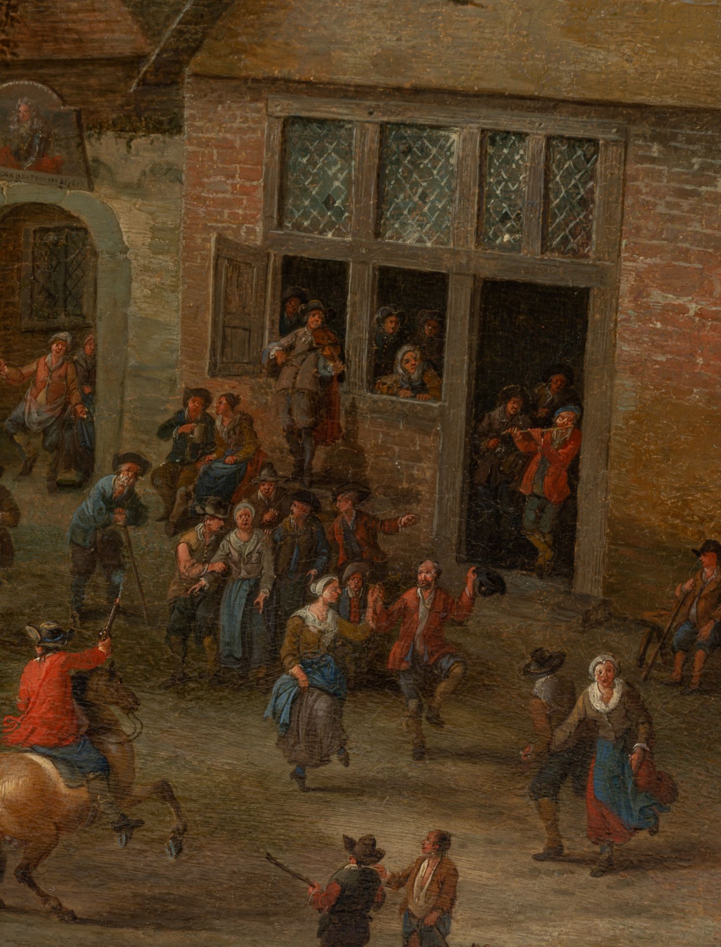 Attrib. to Mathys Schoevaerdts (c.1663-1703), animated village scene in Flanders, oil on a cradled p - Bild 7 aus 7