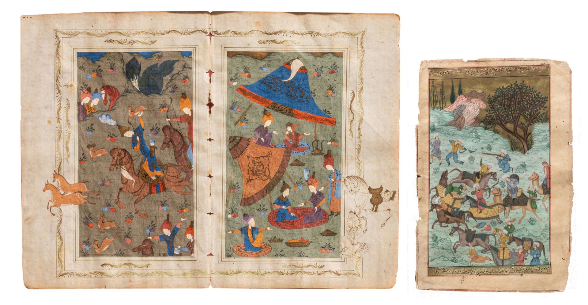 Two fine Persian gouache drawings depicting battle and hunting scenes, 18th/19thC, 32,5 x 21,5 - 27, - Bild 5 aus 13