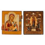 Two 19thC Russian icons, 'Virgin and Child Hodegetria' and 'Joy to all who Grieve', 31 x 26 cm
