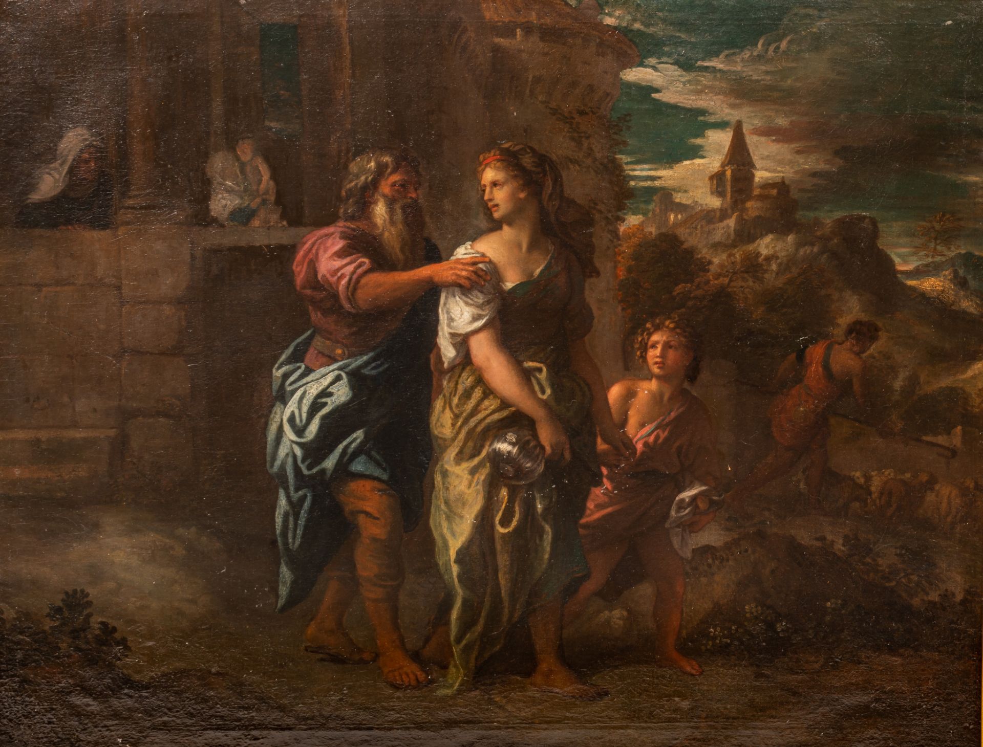 After Charles de La Fosse (1636-1715), Abraham expelling Hagar and Ishmael, oil on canvas 80 x 105 c