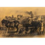 Hubert Malfait (1898-1971), the harvest, charcoal drawing 33 x 48 cm. (12.9 x 18.9 in.)