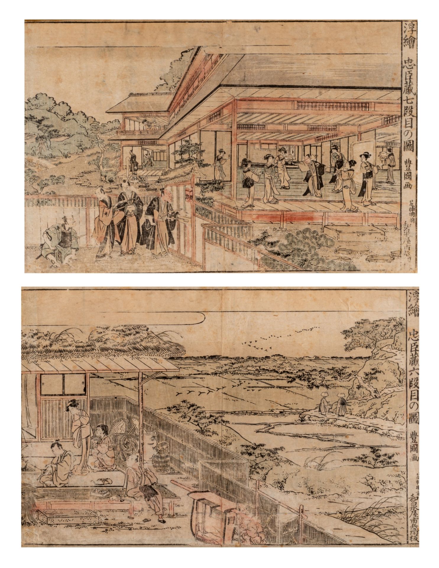 Toyokuni I, two animated garden scenes, oban yoko-e, both framed 49,5 x 38 cm