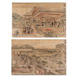 Toyokuni I, two animated garden scenes, oban yoko-e, both framed 49,5 x 38 cm