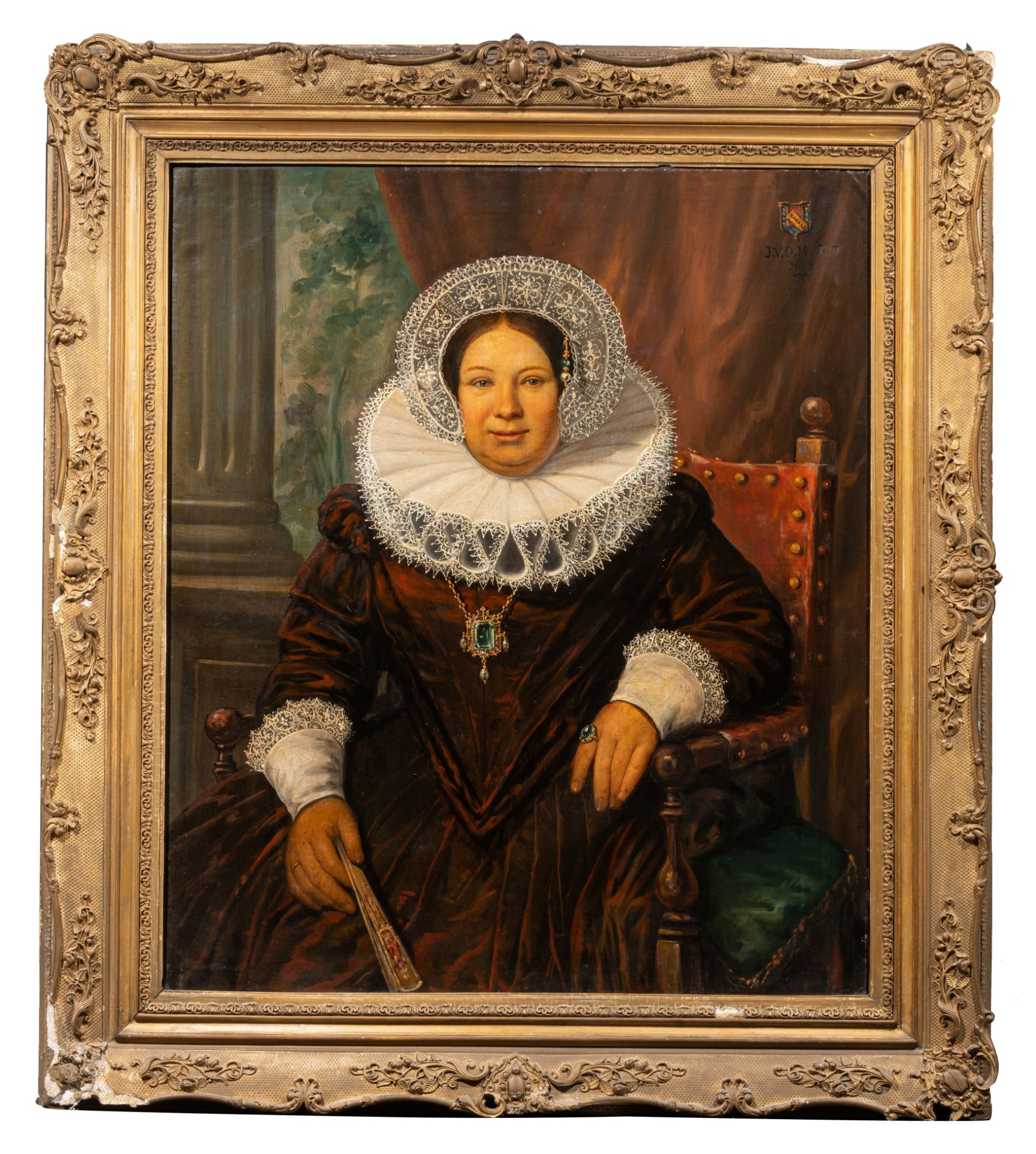 The portrait of a lavishly dressed noble lady holding a fan, 19thC, oil on canvas 104 x 88 cm. (40.9 - Bild 2 aus 7