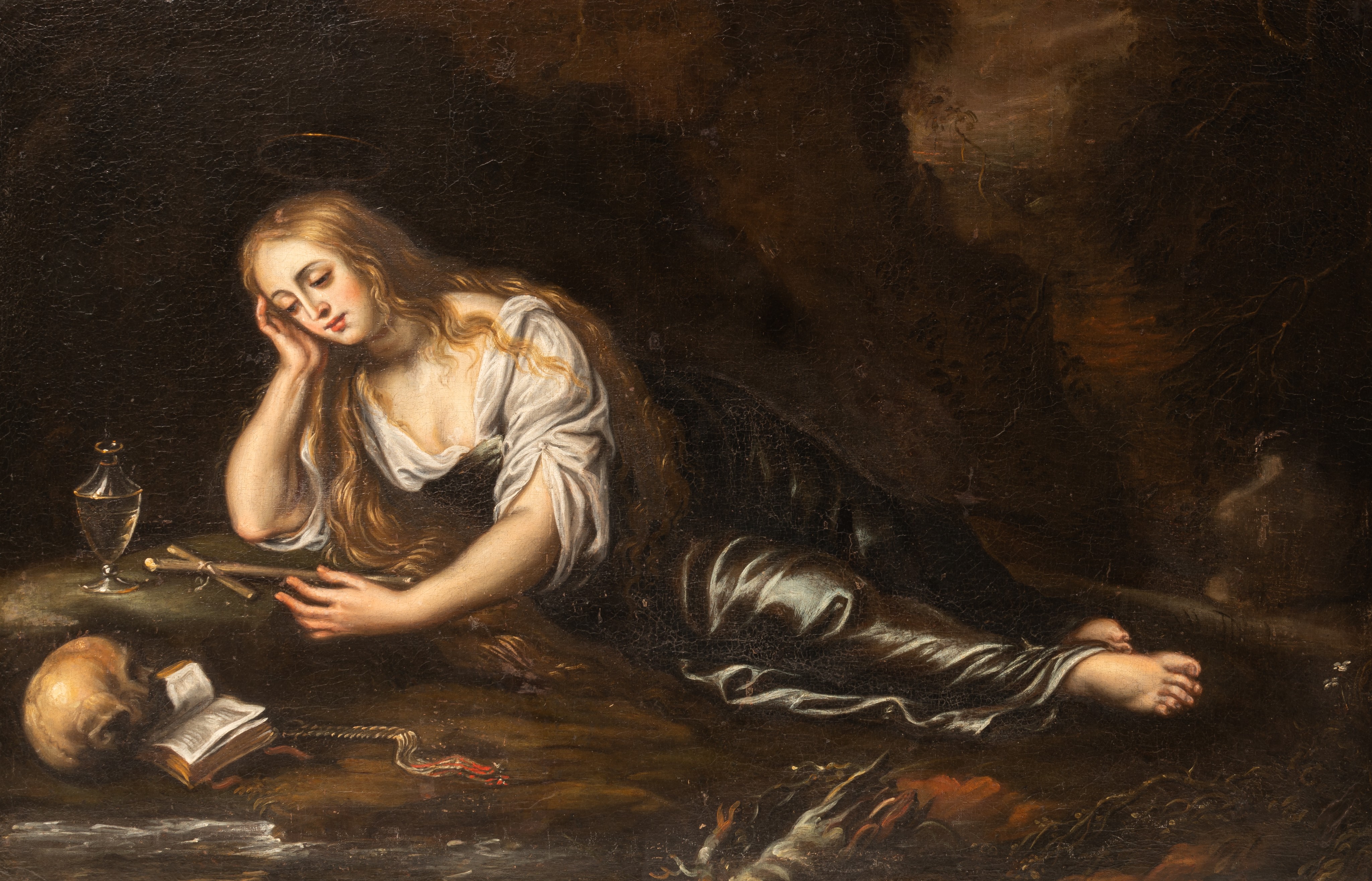 The penitent Mary Magdalene, 17thC, oil on canvas 85 x 130 cm. (33.4 x 51.1 in.), Frame: 98 x 143 cm