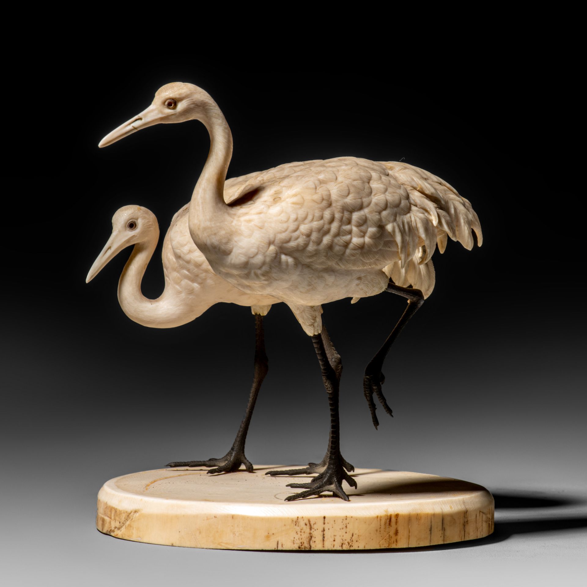 A Japanese Meiji-period ivory okimono depicting a pair of cranes, H 14 cm - 488 g (+)