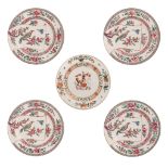 A set of four copies of Chinese famille rose export porcelain dishes and a ditto armorial dish, dia