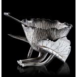 A Japanese inspired hammer finish silver sugar bowl and strainer spoon, H 8 cm, total weight 213 g