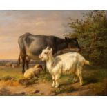 Cattle in the meadow, Romantic School, 19thC, oil on panel 22 x 28.5 cm. (8.6 x 11.2 in.), Frame: 41