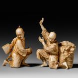 Two Japanese ivory okimono, Meiji period, H 9 - 7,8 cm / 114g - 55g (+)