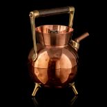 A yellow and red copper orb-shaped water kettle with a wooden handle and knob, marked Benham & Froud
