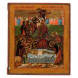 A fine 19thC Russian icon depicting the Descent from the Cross and the Entombment 40 x 35 cm. (15 3/