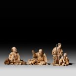 Three Japanese Meiji period ivory okimono, H 4,3 - 6 - 4,7 cm / 34 - 40 - 41 g (+)