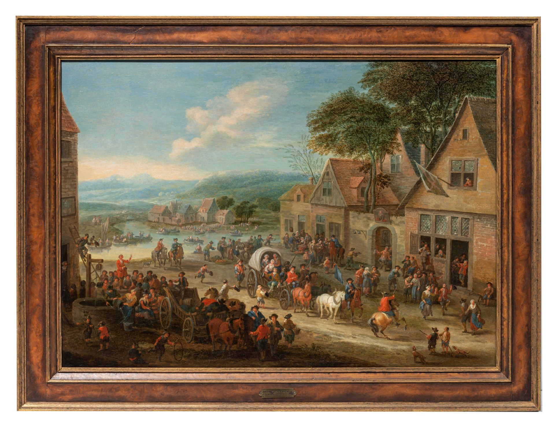 Attrib. to Mathys Schoevaerdts (c.1663-1703), animated village scene in Flanders, oil on a cradled p - Bild 2 aus 7