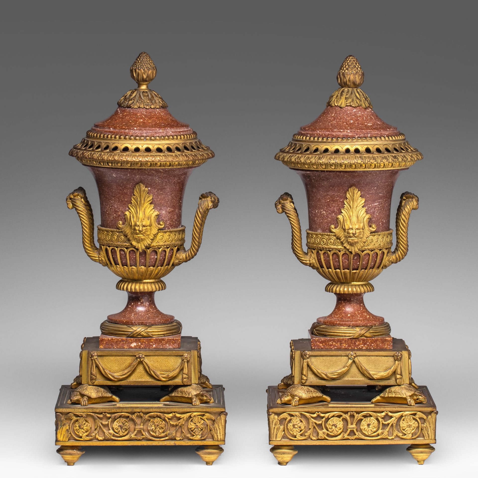 A pair of Neoclassical gilt bronze-mounted porphyry cassolettes, 19thC, H 35 cm - Image 8 of 8