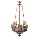An Empire style gilt and patinated bronze eight-armed chandelier, H 105 - dia 50 cm