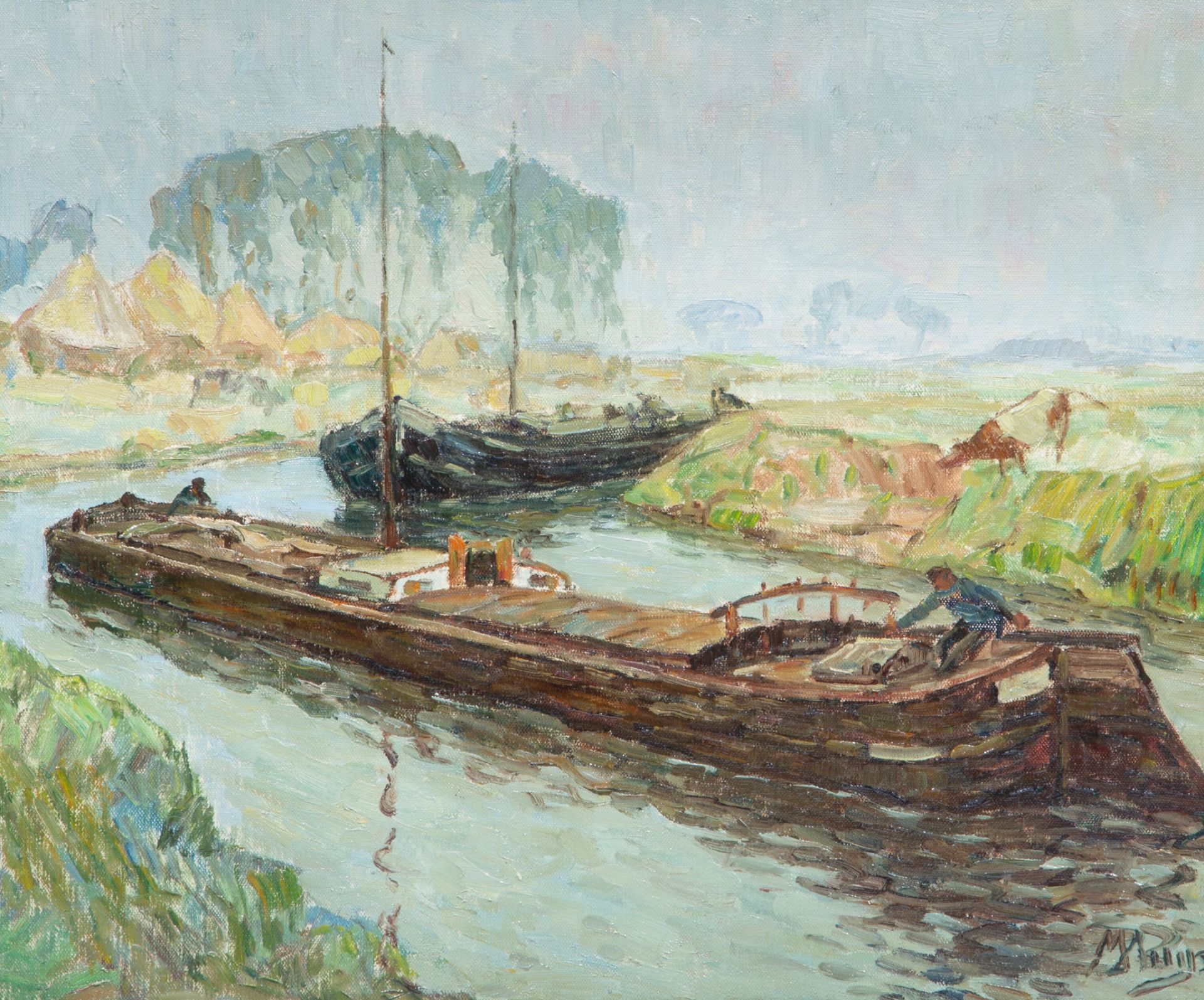 Modest Huys (1874/75-1932), barques on the Lys, oil on canvas 50 x 60 cm. (19.6 x 23.6 in.), Frame: