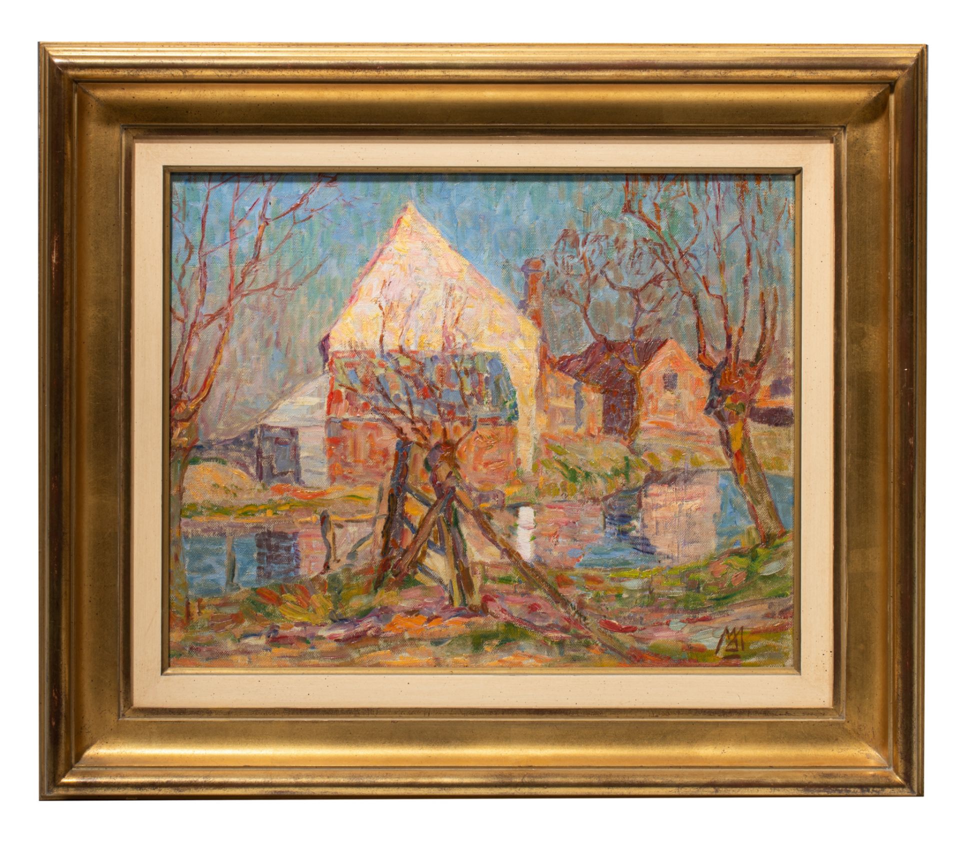 Modest Huys (1874-1932), farm near the pond, oil on canvas, 33 x 41 cm - Image 2 of 5