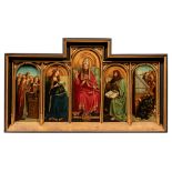 A fine copy of the upper part of the Ghent Altarpiece by Jan and Hubert van Eyck Frame: 92 x 160 cm.