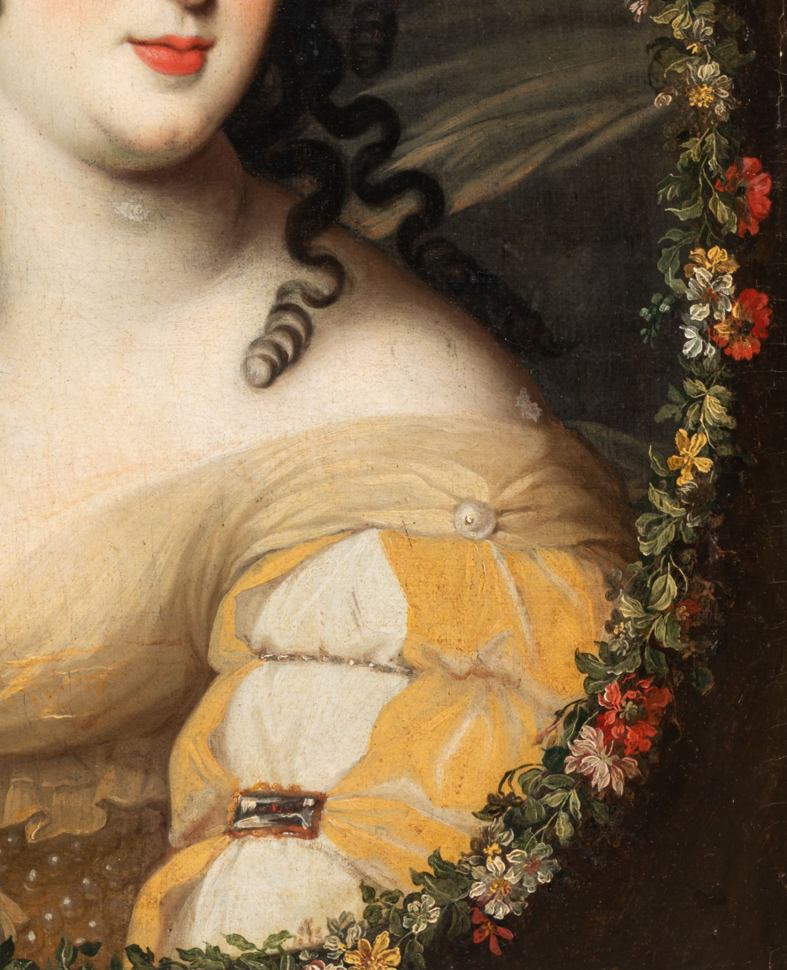 A pair of pendant portraits of elegant sisters encircled by wreaths of flowers, 17thC, oil on canvas - Bild 13 aus 13