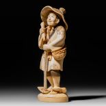 A Japanese ivory okimono of a peasant with a straw hat, late Meiji period, H 28 cm - 1314 g (+)