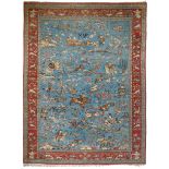 An Oriental woollen and silk rug, decorated with various hunting scenes on a blue ground, 237 x 311