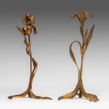 Two bronze floral-shaped candlesticks, one signed L. Van Strydonck, H 34,5 - 36 cm