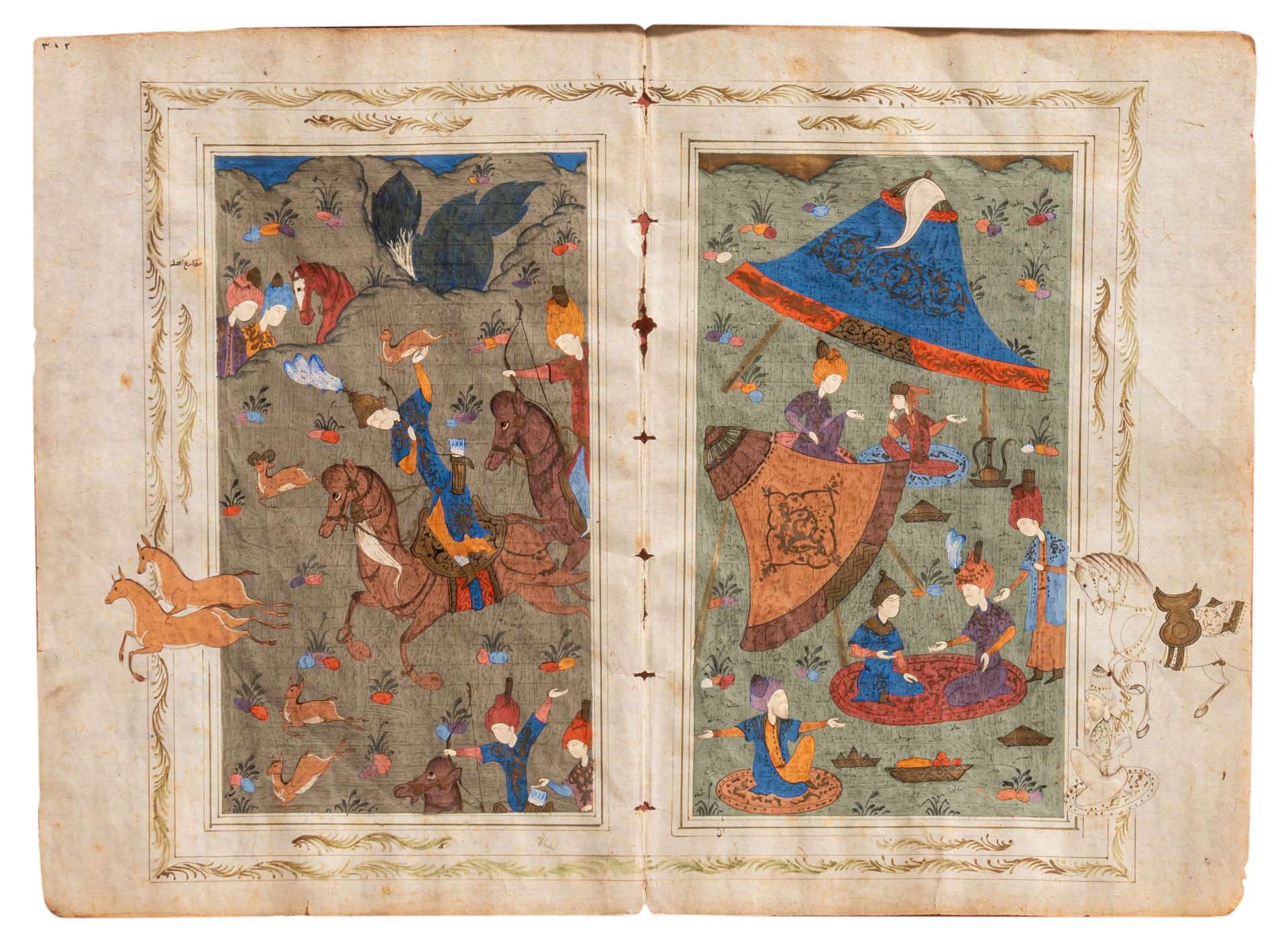 Two fine Persian gouache drawings depicting battle and hunting scenes, 18th/19thC, 32,5 x 21,5 - 27, - Bild 7 aus 13