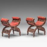 A pair of Rococo style carved walnut arm seats, H 76 - W 65 - D 49 cm