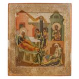 A 19thC Russian icon depicting the Nativity of the Blessed Virgin Mary, 35.5 x 31 cm. (13.9 x 12.2 i