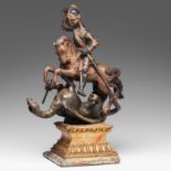 A 16thC polychrome sculpture of St George and the dragon on a faux-marble base, H 70 cm