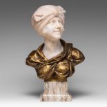 An alabaster and gilt bronze bust of a smiling girl, H 48 cm
