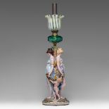 A large polychrome decorated porcelain figural kerosene lamp, H 108 cm